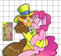 Size: 1449x1317 | Tagged: safe, artist:stevetwisp, imported from derpibooru, screencap, cheese sandwich, pinkie pie, earth pony, pony, the last laugh, :3, bipedal, blushing, carrying, cheesepie, clothes, female, happy, hat, male, one eye closed, scene interpretation, screencap reference, shipping, smiling, straight, suit, top hat, wavy mouth, wink