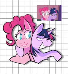 Size: 1500x1639 | Tagged: safe, artist:stevetwisp, imported from derpibooru, screencap, pinkie pie, twilight sparkle, alicorn, earth pony, pony, unicorn, a trivial pursuit, :3, grin, lidded eyes, messy mane, scene interpretation, screencap reference, smiling, twilight sparkle (alicorn)