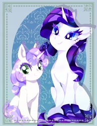 Size: 1439x1863 | Tagged: safe, artist:stacy_165cut, imported from derpibooru, rarity, sweetie belle, pony, unicorn, duo, duo female, eyeshadow, female, filly, foal, horn, makeup, mare, siblings, sisters, sitting