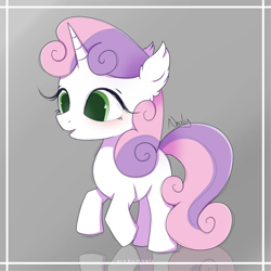 Size: 1280x1280 | Tagged: safe, artist:nnaly, imported from derpibooru, sweetie belle, pony, unicorn, blank flank, ear fluff, reflection, simple background, solo