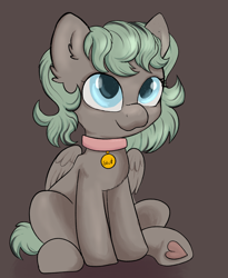 Size: 2170x2647 | Tagged: safe, artist:dumbwoofer, imported from derpibooru, oc, oc only, oc:forest air, pegasus, pony, collar, cute, female, filly, foal, heart, hoof heart, looking at you, pet play, simple background, sitting, smiling, solo, text, underhoof