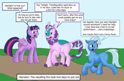 Size: 1280x842 | Tagged: safe, artist:termyotter, imported from derpibooru, starlight glimmer, trixie, twilight sparkle, alicorn, kirin, pony, unicorn, atg 2022, cloven hooves, dialogue, female, imminent nirik, implied transformation, kirin starlight, kirin-ified, mare, newbie artist training grounds, species swap, spell gone wrong, this will end in fire, this will end in nirik, this will not end well, twilight sparkle (alicorn)