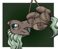 Size: 2600x2200 | Tagged: safe, artist:dumbwoofer, imported from derpibooru, oc, oc only, oc:forest air, pegasus, pony, blank flank, bondage, ear fluff, female, filly, foal, gag, mane dye, rope, rope bondage, rope gag, side view, simple background, solo, teenager, tied up, upside down