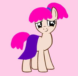 Size: 1119x1100 | Tagged: safe, artist:disneyponyfan, imported from derpibooru, earth pony, pony, black sclera, clothes, crossover, female, g4, mare, pink background, pink hair, pink mane, pink tail, pinky dinky doo, pinky dinky doo (character), ponified, ponytail, pride, purple skirt, simple background, skirt, smiling, solo, tail