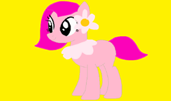 Size: 1260x748 | Tagged: safe, artist:disneyponyfan, imported from derpibooru, earth pony, pony, black sclera, female, flower, flower bubble, flower on ear, foofa, g4, mare, ms paint, ponified, simple background, smiling, solo, yellow background, yo gabba gabba!