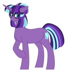 Size: 1698x1786 | Tagged: safe, artist:purplegrim40, imported from derpibooru, oc, oc only, pony, unicorn, glasses, horn, magical lesbian spawn, offspring, parent:tempest shadow, parent:twilight sparkle, parents:tempestlight, raised hoof, simple background, solo, unicorn oc, white background