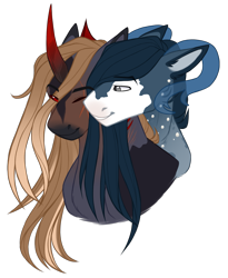 Size: 1805x2200 | Tagged: safe, artist:purplegrim40, imported from derpibooru, oc, oc only, pony, unicorn, bust, eye scar, gay, horn, male, oc x oc, one eye closed, scar, shipping, simple background, stallion, transparent background, unicorn oc, wink