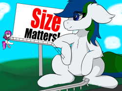 Size: 8000x6000 | Tagged: safe, artist:skylarpalette, imported from derpibooru, oc, oc only, oc:skylar palette, oc:western star, earth pony, pony, unicorn, billboard, cute, destruction, earth pony oc, female, fluffy, hanging, horn, macro, macro/micro, mare, panic, panicking, relaxed, scenery, smug, unicorn oc, white fur