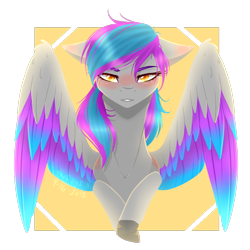 Size: 750x750 | Tagged: safe, artist:kat-the-true-kitkat, imported from derpibooru, oc, oc only, pegasus, pony, blushing, bust, colored hooves, colored wings, female, floppy ears, mare, multicolored wings, pegasus oc, simple background, solo, spread wings, transparent background, wings