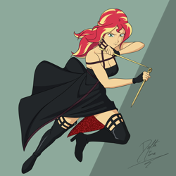 Size: 2000x2000 | Tagged: safe, artist:deltalima, imported from derpibooru, sunset shimmer, human, anime, bare shoulders, breasts, cleavage, clothes, commission, cosplay, costume, humanized, sleeveless, spy x family, yor forger