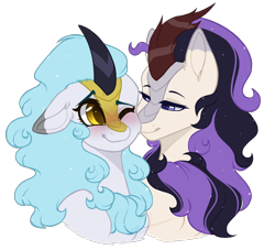 Size: 2200x2000 | Tagged: safe, artist:purplegrim40, imported from derpibooru, oc, oc only, kirin, blushing, bust, floppy ears, kirin oc, oc x oc, one eye closed, shipping, simple background, smiling, transparent background, wink