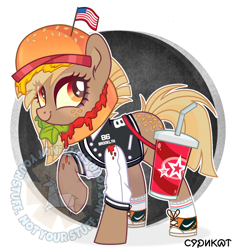 Size: 1280x1366 | Tagged: safe, artist:syriskater, imported from derpibooru, oc, oc only, earth pony, pony, abstract background, burger, clothes, converse, earth pony oc, eyelashes, female, food, hamburger, mare, raised hoof, shoes, smiling, solo
