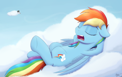 Size: 2000x1252 | Tagged: safe, artist:arcane-thunder, imported from derpibooru, blossomforth, rainbow dash, thunderlane, pegasus, pony, arm behind head, atg 2022, belly, cloud, eyes closed, female, floppy ears, hooves behind head, mare, newbie artist training grounds, on a cloud, open mouth, sky, sleeping, sleeping on a cloud, sleepydash, snoring, solo focus, teeth
