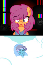 Size: 733x1090 | Tagged: safe, artist:mialositas2017, imported from derpibooru, scootaloo, oc, oc:absentia, oc:sweet, pegasus, pony, fanfic:pegasus device, fanfic:rainbow factory, baby, baby pony, clothes, cloud, fanfic art, female, filly, foal, hoodie, lying down, lying on a cloud, mare, next generation, older, older scootaloo, on a cloud, rainbow, sad, sky, sleeping, smiling, story included