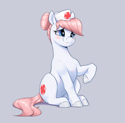 Size: 2464x2433 | Tagged: safe, artist:aquaticvibes, imported from derpibooru, nurse redheart, earth pony, pony, blushing, cute, female, gray background, hair bun, hat, heartabetes, mare, nurse hat, raised hoof, simple background, sitting, smiling, solo