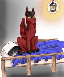 Size: 657x788 | Tagged: safe, artist:lambs prey, imported from derpibooru, oc, oc:crimson trace, pegasus, pony, fanfic:prey and a lamb, bunk bed, ear tufts, fanfic art, isnd, lantern