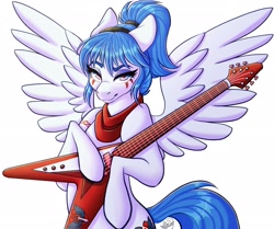 Size: 2520x2103 | Tagged: safe, artist:mxiiisy, imported from derpibooru, part of a set, oc, oc only, oc:valkre siriusa, oc:valkyrie, pegasus, pony, accessory, bangs, blue eyes, clothes, ears back, facial markings, flying v, gibson flying v, guitar, holding, looking at you, musical instrument, ponytail, scarf, simple background, smiling, smirk, smug, solo, spread wings, standing, white background, white coat, wings