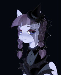 Size: 1579x1926 | Tagged: safe, artist:aztrial, imported from derpibooru, inky rose, pegasus, pony, black background, clothes, cute, dark background, dress, eyeshadow, female, goth, hat, inkybetes, makeup, mare, simple background, solo, witch hat