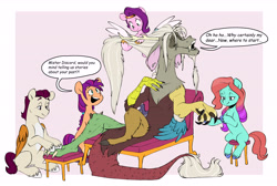 Size: 6416x4304 | Tagged: safe, artist:chub-wub, idw, imported from derpibooru, discord, pipp petals, sunny starscout, draconequus, earth pony, pegasus, pony, spoiler:comic, spoiler:g5comic, absurd resolution, brushing, dialogue, eyebrows, eyebrows visible through hair, eyes closed, female, flying, foot massage, g5, group, jazz hooves, long nails, male, manicure, mare, my little pony: a new generation, old man discord, open mouth, open smile, passepartout, quintet, rocky riff, sitting, smiling, speech bubble, spread wings, stallion, stool, unshorn fetlocks, wings