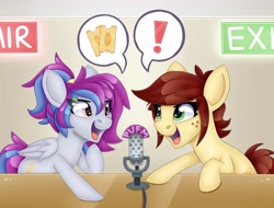 Size: 4096x3109 | Tagged: safe, artist:partylikeanartist, imported from derpibooru, oc, oc only, oc:aerial soundwaves, oc:canni soda, earth pony, pegasus, pony, 2018, duo, exclamation point, female, heart, heart eyes, mare, microphone, old art, open mouth, open smile, smiling, speech bubble, starry eyes, ticket, traditional art, wingding eyes