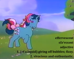Size: 1280x1036 | Tagged: safe, edit, edited screencap, imported from derpibooru, screencap, fizzy, pony, twinkle eyed pony, unicorn, bow, commercial, cute, definition, female, fizzybetes, g1, international phonetic alphabet, mare, tail, tail bow, text