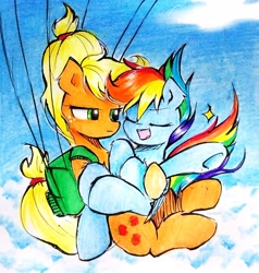 Size: 1990x2091 | Tagged: safe, artist:liaaqila, imported from derpibooru, applejack, rainbow dash, earth pony, pegasus, pony, appledash, cloud, duo, duo female, female, lesbian, parachute, shipping, sky, traditional art