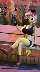 Size: 2160x3840 | Tagged: safe, artist:marianokun, imported from derpibooru, sunset shimmer, anthro, plantigrade anthro, 3d, black lagoon, boots, breasts, busty sunset shimmer, clothes, cosplay, costume, female, gloves, gun, handgun, looking at you, pistol, revy, shoes, shorts, solo, source filmmaker, sports bra, weapon