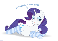 Size: 1100x770 | Tagged: safe, artist:higgly-chan, imported from derpibooru, rarity, pony, unicorn, belly, belly button, clothes, eyeshadow, female, kate bush, makeup, mare, open mouth, running up that hill, simple background, socks, solo, song reference, striped socks, white background