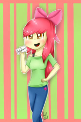 Size: 640x960 | Tagged: safe, artist:rmariansj, imported from derpibooru, apple bloom, human, equestria girls, adorabloom, apple bloom's bow, blushing, bow, clothes, cute, cutie mark on clothes, female, hair bow, happy, open mouth, open smile, sign, smiling, solo