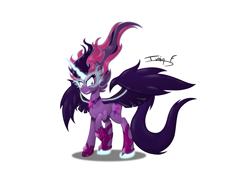 Size: 3508x2481 | Tagged: safe, artist:memprices, imported from derpibooru, twilight sparkle, alicorn, pony, equestria girls, clothes, evil grin, grin, high res, jewelry, looking at you, magic, mane of fire, midnight sparkle, necklace, ponified, raised hoof, shoes, signature, simple background, smiling, spread wings, white background, wings