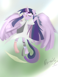 Size: 2250x3000 | Tagged: safe, artist:bridge, artist:bridge ngm, imported from derpibooru, twilight sparkle, alicorn, pony, bandage, blurry background, bow, clothes, collar, dress, ear, eye clipping through hair, female, flying, freedom, grassland, horn, ibispaint x, iris, large wings, long eyelashes, long mane, long tail, open mouth, paper, rise, shadow, shiny eyes, short sleeves, signature, solo, spread wings, stockings, sunlight, tail, thigh highs, tongue out, tooth, twilight sparkle (alicorn), wings