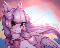 Size: 1473x1169 | Tagged: safe, artist:kaito_wivil, imported from derpibooru, oc, oc:ophelia, hippogriff, cherry blossoms, clothes, cute, flower, flower blossom, pink, school uniform, solo, sunset