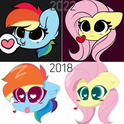 Size: 1080x1080 | Tagged: safe, artist:kittyrosie, imported from derpibooru, fluttershy, rainbow dash, pegasus, pony, 2018, 2022, :3, :p, blushing, comparison, cute, dashabetes, duo, female, heart, heart eyes, kittyrosie is trying to murder us, mare, redraw, shyabetes, tongue out, wingding eyes