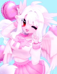 Size: 1582x2048 | Tagged: safe, artist:rinihimme, imported from derpibooru, oc, oc:ophelia, anthro, hippogriff, human, balloon, clothes, cute, female, human facial structure, pink, school uniform, skirt, solo