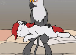 Size: 2600x1889 | Tagged: safe, artist:somber, imported from derpibooru, griffon, pony, bed, butt touch, female, hand on butt, mare, petting, sleeping