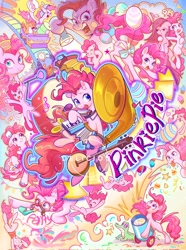 Size: 1523x2048 | Tagged: safe, artist:千雲九枭, imported from derpibooru, gummy, pinkie pie, alligator, earth pony, pony, :p, accordion, balloon, banjo, bow, cake, cannon, cartwheel, clothes, cupcake, cute, diapinkes, dress, drums, fake moustache, female, flashlight (object), floating, food, funny, funny face, gala dress, glasses, groucho mask, harmonica, heart, male, music notes, musical instrument, party cannon, party horn, pie, pinkamena diane pie, pinktails pie, pony cannonball, rainbow power, rainbow power-ified, roller coaster, silly, silly pony, smiling, sousaphone, tambourine, text, then watch her balloons lift her up to the sky, tongue out, tuba