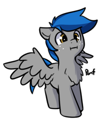 Size: 483x553 | Tagged: safe, artist:neuro, imported from derpibooru, oc, oc only, pegasus, pony, :i, chest fluff, floppy ears, freckles, onomatopoeia, pomf, simple background, solo, sound effects, spread wings, transparent background, wings