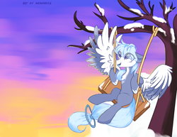 Size: 1843x1425 | Tagged: safe, artist:memengla, imported from derpibooru, oc, oc only, pegasus, pony, eye clipping through hair, pegasus oc, snow, solo, sunset, swing, tree