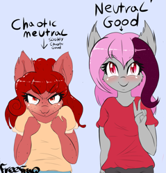 Size: 1277x1334 | Tagged: safe, artist:freefraq, imported from derpibooru, oc, oc:cherry slime, oc:lilac san, anthro, bat pony, goo, goo pony, original species, blushing, clothes, peace sign