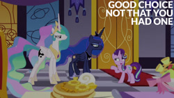 Size: 1280x720 | Tagged: safe, edit, edited screencap, editor:quoterific, imported from derpibooru, screencap, princess celestia, princess luna, starlight glimmer, alicorn, pony, unicorn, a royal problem, season 7, crown, female, food, jewelry, mare, open mouth, open smile, pancakes, regalia, smiling, text, trio