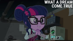 Size: 1280x720 | Tagged: safe, edit, edited screencap, editor:quoterific, imported from derpibooru, screencap, sci-twi, twilight sparkle, human, equestria girls, friendship games, clothes, crystal prep academy, crystal prep academy uniform, female, glasses, necktie, school, school uniform, schoolgirl, smiling, solo, text