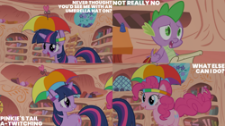 Size: 1280x720 | Tagged: safe, edit, edited screencap, editor:quoterific, imported from derpibooru, screencap, pinkie pie, spike, twilight sparkle, dragon, earth pony, pony, unicorn, feeling pinkie keen, season 1, female, golden oaks library, male, mare, open mouth, open smile, smiling, text, trio, unicorn twilight