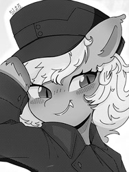 Size: 600x800 | Tagged: safe, artist:ishikawachichan, imported from derpibooru, oc, oc only, bat pony, clothes, comic, fangs, female, hat, japanese, looking at you, mare, monochrome, salute, simple background, solo, white background