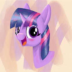 Size: 1280x1280 | Tagged: safe, artist:anderdraws, imported from derpibooru, twilight sparkle, pony, abstract background, ambiguous race, bust, female, looking at you, mare, open mouth, open smile, portrait, smiling, smiling at you, solo
