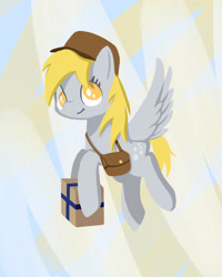 Size: 1280x1598 | Tagged: safe, artist:anderdraws, imported from derpibooru, derpy hooves, pegasus, pony, abstract background, bag, derp, female, flying, hat, hoof hold, mailmare, mare, package, saddle bag, smiling, solo, spread wings, wings