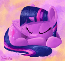 Size: 1280x1206 | Tagged: safe, artist:anderdraws, imported from derpibooru, twilight sparkle, alicorn, pony, abstract background, eyes closed, female, folded wings, horn, lying down, mare, prone, sleeping, solo, twilight sparkle (alicorn), wings