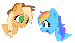 Size: 1280x729 | Tagged: safe, artist:anderdraws, imported from derpibooru, applejack, rainbow dash, earth pony, pony, appledash, applejack's hat, bust, cowboy hat, duo, duo female, ear fluff, female, hat, lesbian, looking at each other, looking at someone, mare, no pupils, open mouth, portrait, profile, shipping, simple background, smiling, smiling at each other, white background