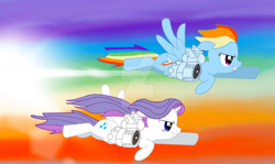 Size: 1280x761 | Tagged: safe, artist:techknowman1010, imported from derpibooru, rainbow dash, rarity, alicorn, pegasus, pony, alicornified, duo, duo female, fast, female, grin, jetpack, mare, race swap, raricorn, smiling, sonic boom, sonic rainboom