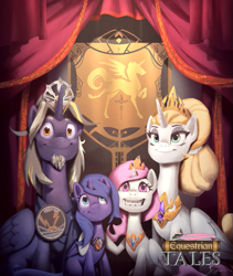 Size: 671x794 | Tagged: safe, artist:harmonize entertainment, imported from derpibooru, princess celestia, princess luna, equestrian tales, family photo, female, filly, filly celestia, filly luna, lady dawn, sire dusk, woona, younger