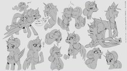 Size: 1113x626 | Tagged: safe, artist:harmonize entertainment, artist:ruffu, imported from derpibooru, princess celestia, princess luna, alicorn, pony, black and white, equestrian tales, family photo, female, filly, filly celestia, filly luna, grayscale, lady dawn, lineart, monochrome, sire dusk, woona, younger